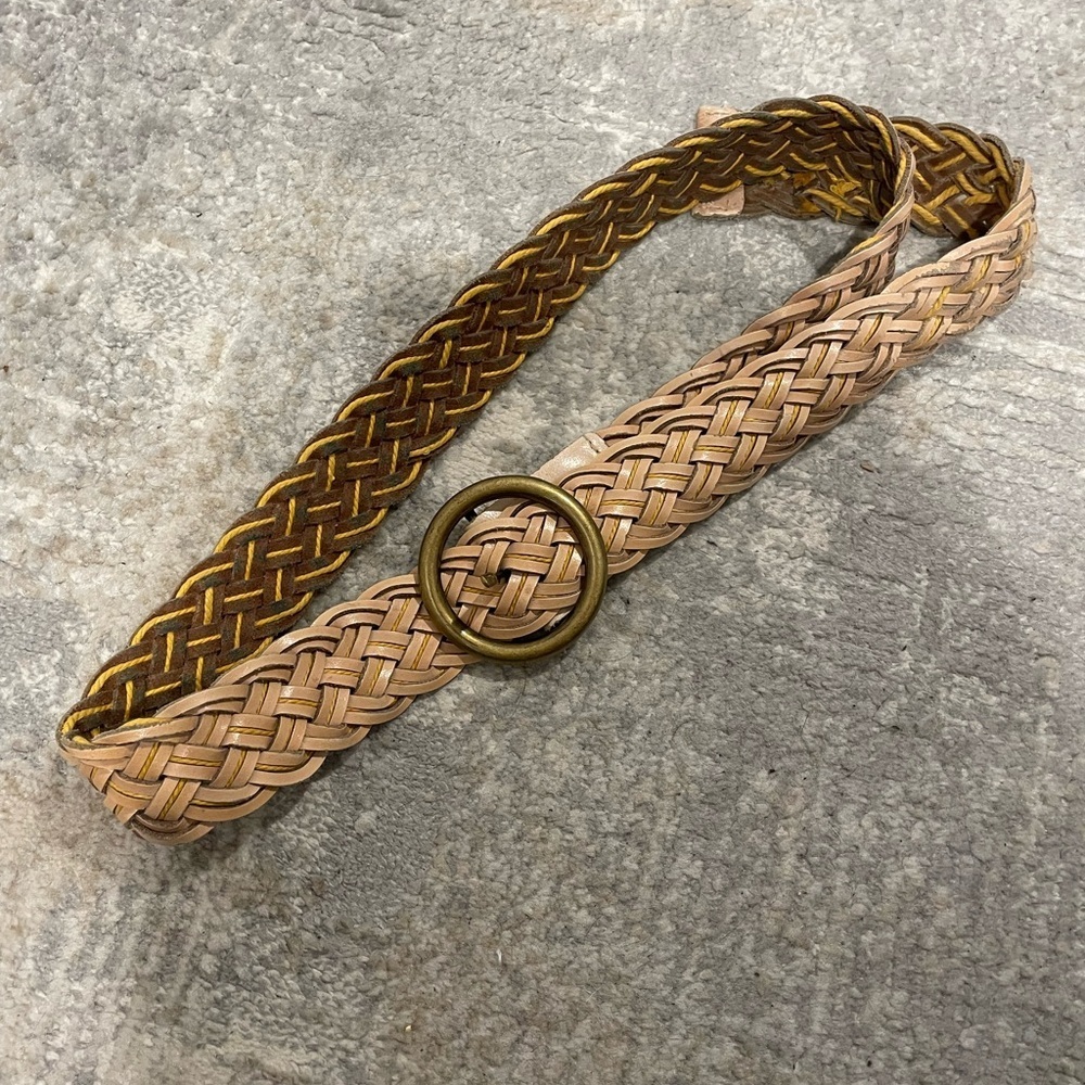 Braided Woven Leather Belt With Round Brass/Gold Tone Buckle Boho Bohemian